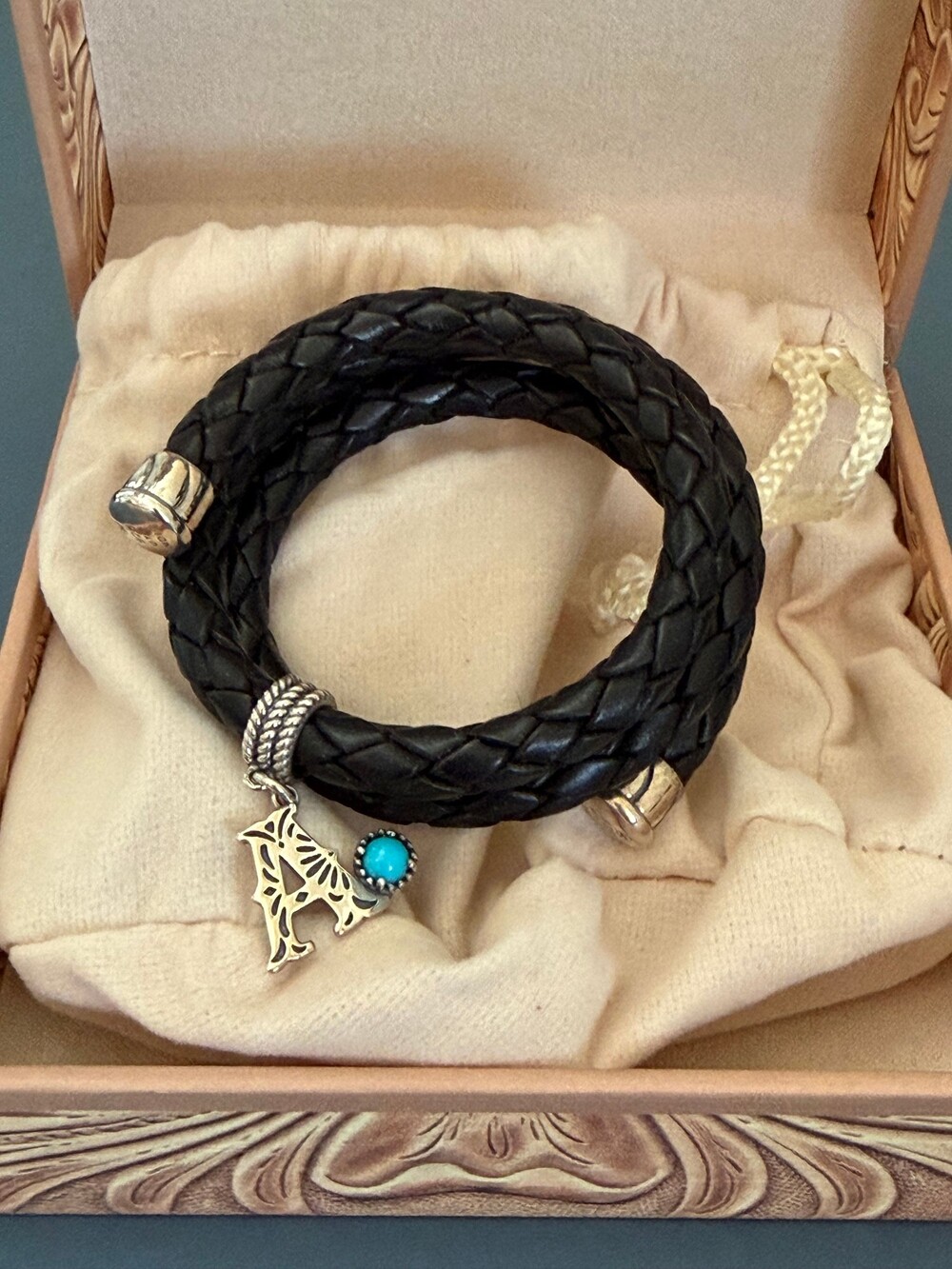 American West Sterling Silver Pear Gemstone initial A Leather Coil Bracelet